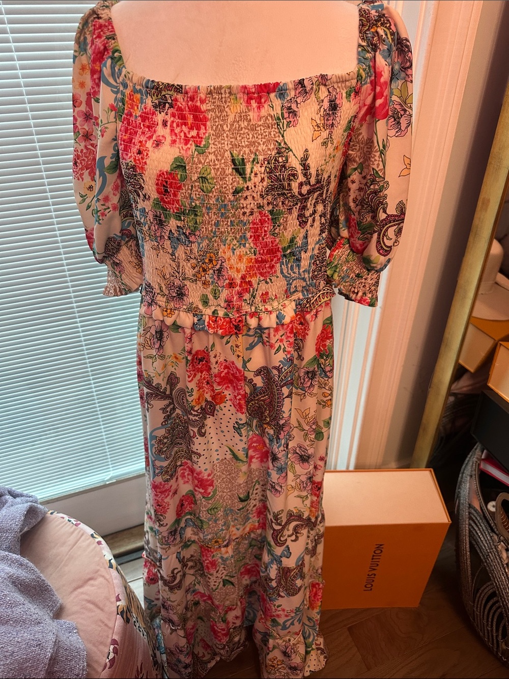 Smocked Floral Maxi Dress in White with Pink & Green Print